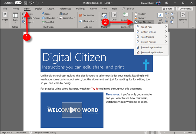 microsoft word for mac 15 use two different page numbers